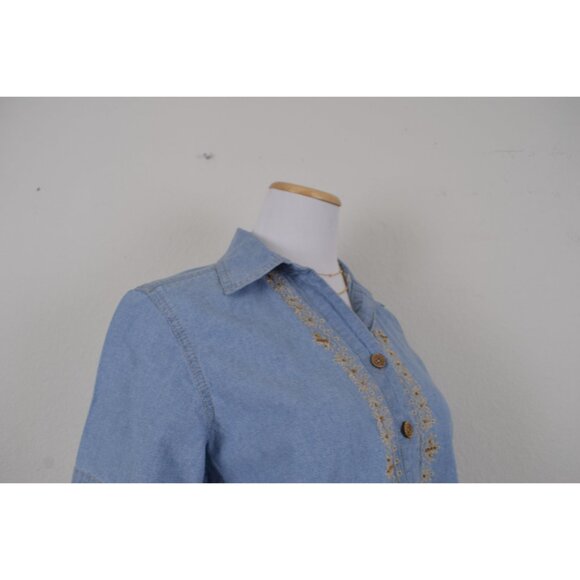 Vintage 90s Blue Embroidered Button Down Blouse - Picture 5 of 8